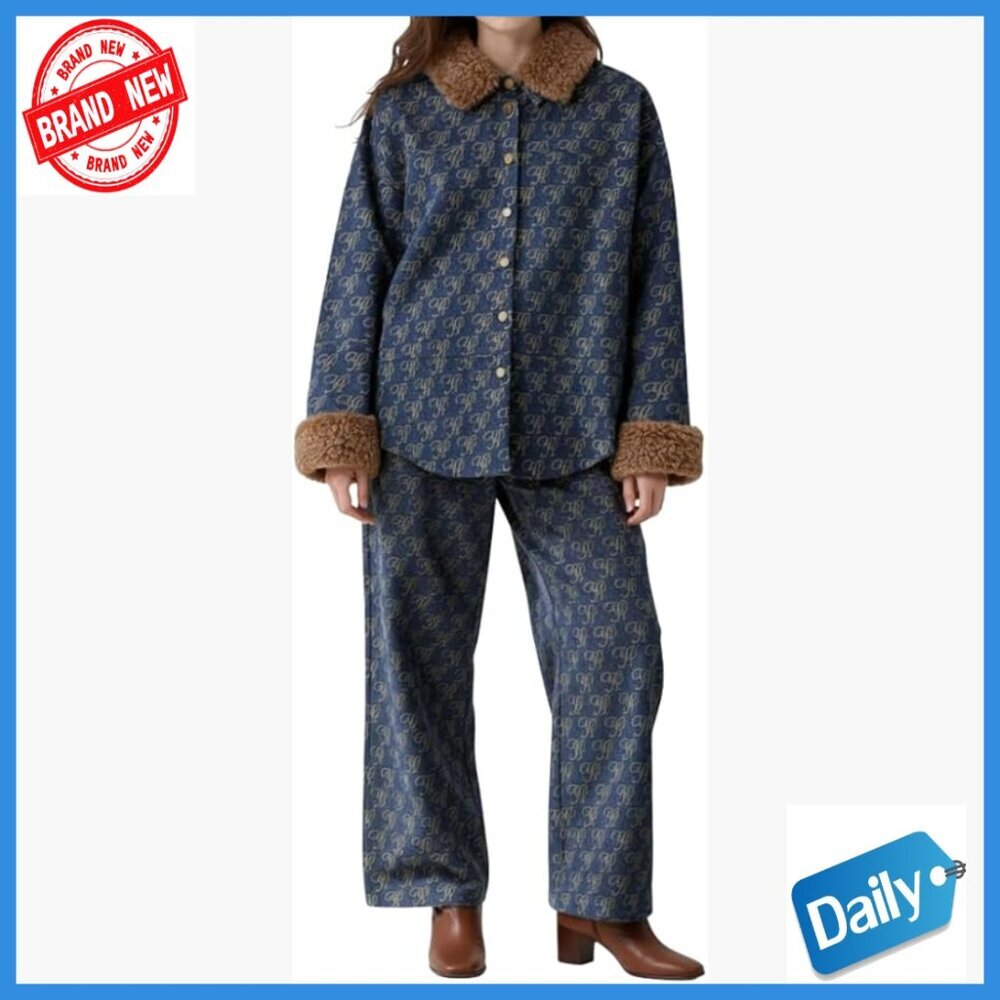 Women's Denim Shirt & Pants Set with Detachable Faux Fur, X-Large